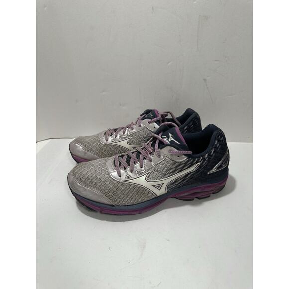 MIZUNO‎ WAVE RIDER 19 RUNNING SHOES Women’s Size 9 Silver Navy Purple Sneaker - Picture 1 of 9
